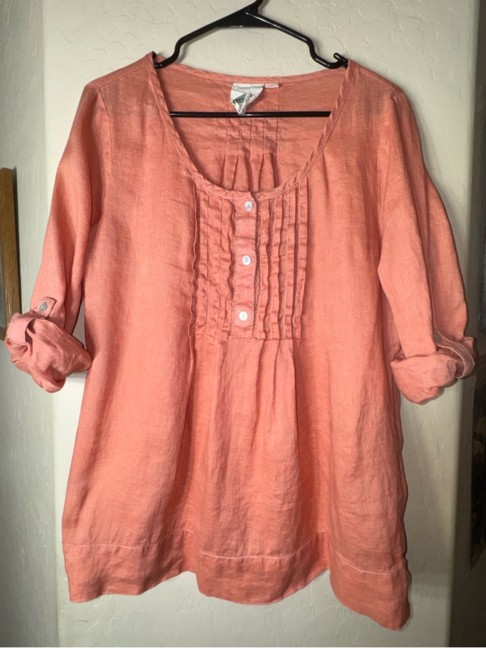 Nurture 100% Linen Coral Pintuck Roll Tab Sleeve Tunic Blouse Top Medium
